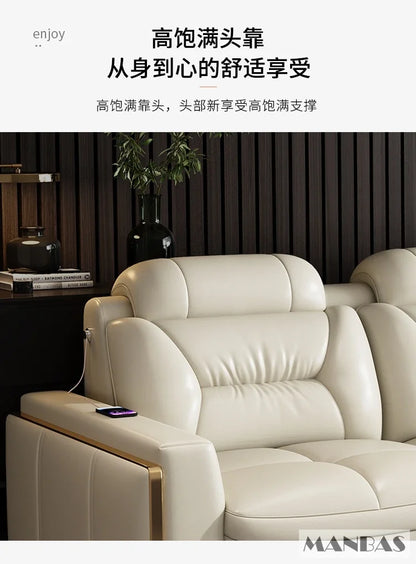 Sofa Narożna MANBAS ze Skóry Włoskiej - USB Bluetooth LED Schowek