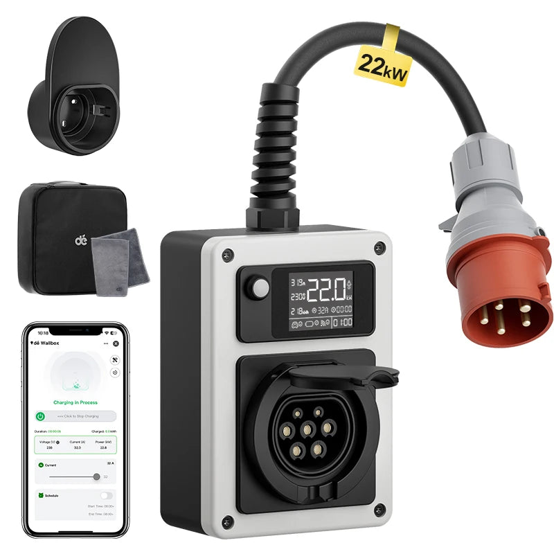 Wallbox Mobilny 11kW/22kW CEE Type 2 - Ładowarka EV 16A/32A 3-Fazy RFID WiFi