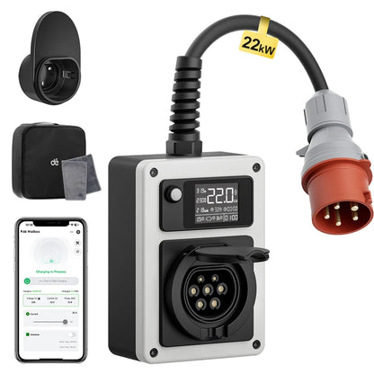 Wallbox Mobilny 11kW/22kW CEE Type 2 - Ładowarka EV 16A/32A 3-Fazy RFID WiFi