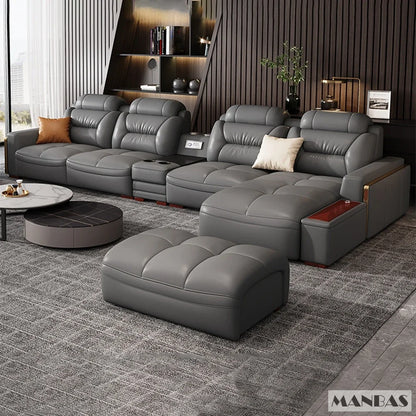 Sofa Narożna MANBAS ze Skóry Włoskiej - USB Bluetooth LED Schowek