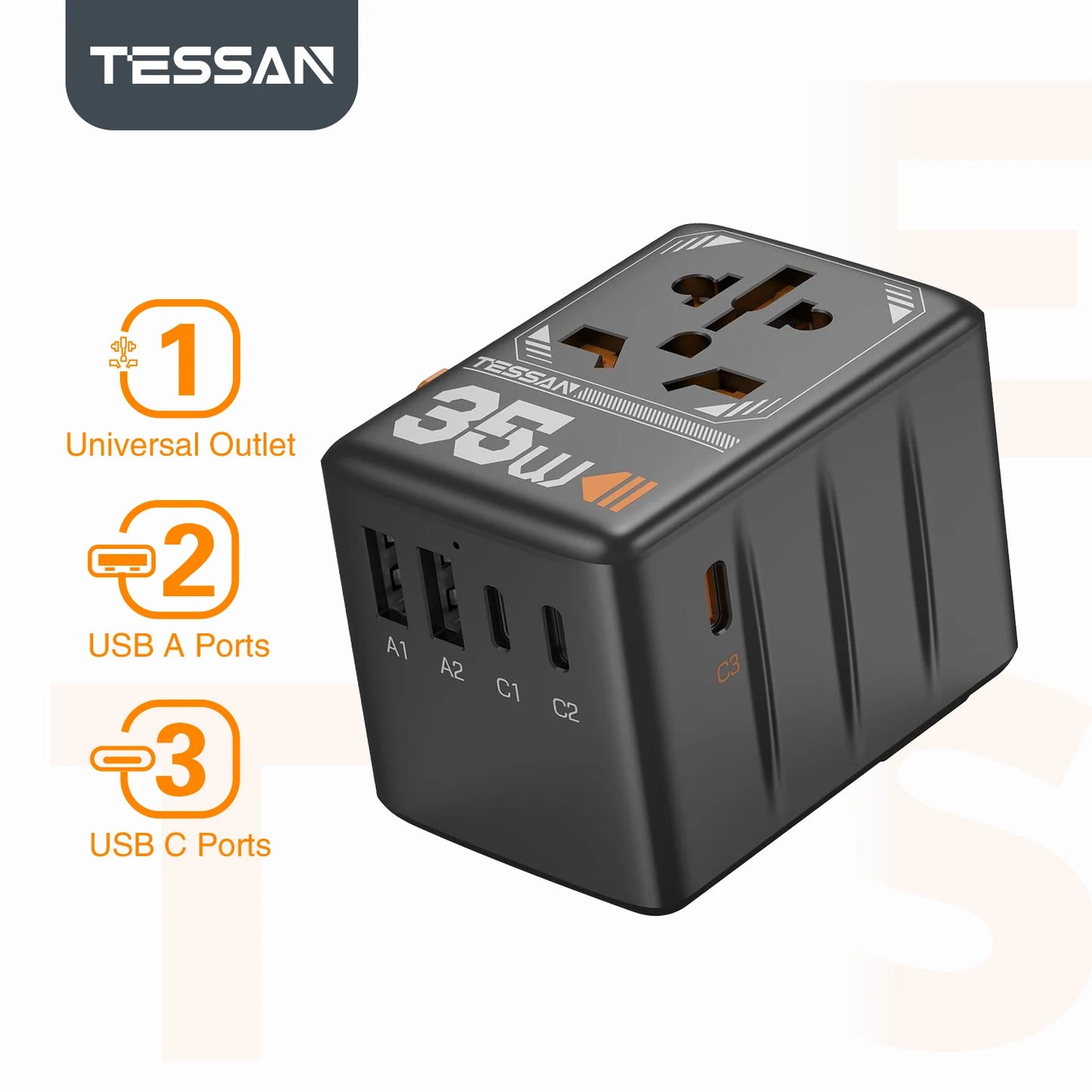 Adapter Podróżny TESSAN 140W GaN - Uniwersalny EU/UK/US/AUS + 4x USB