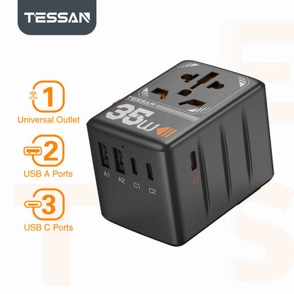 Adapter Podróżny TESSAN 140W GaN - Uniwersalny EU/UK/US/AUS + 4x USB
