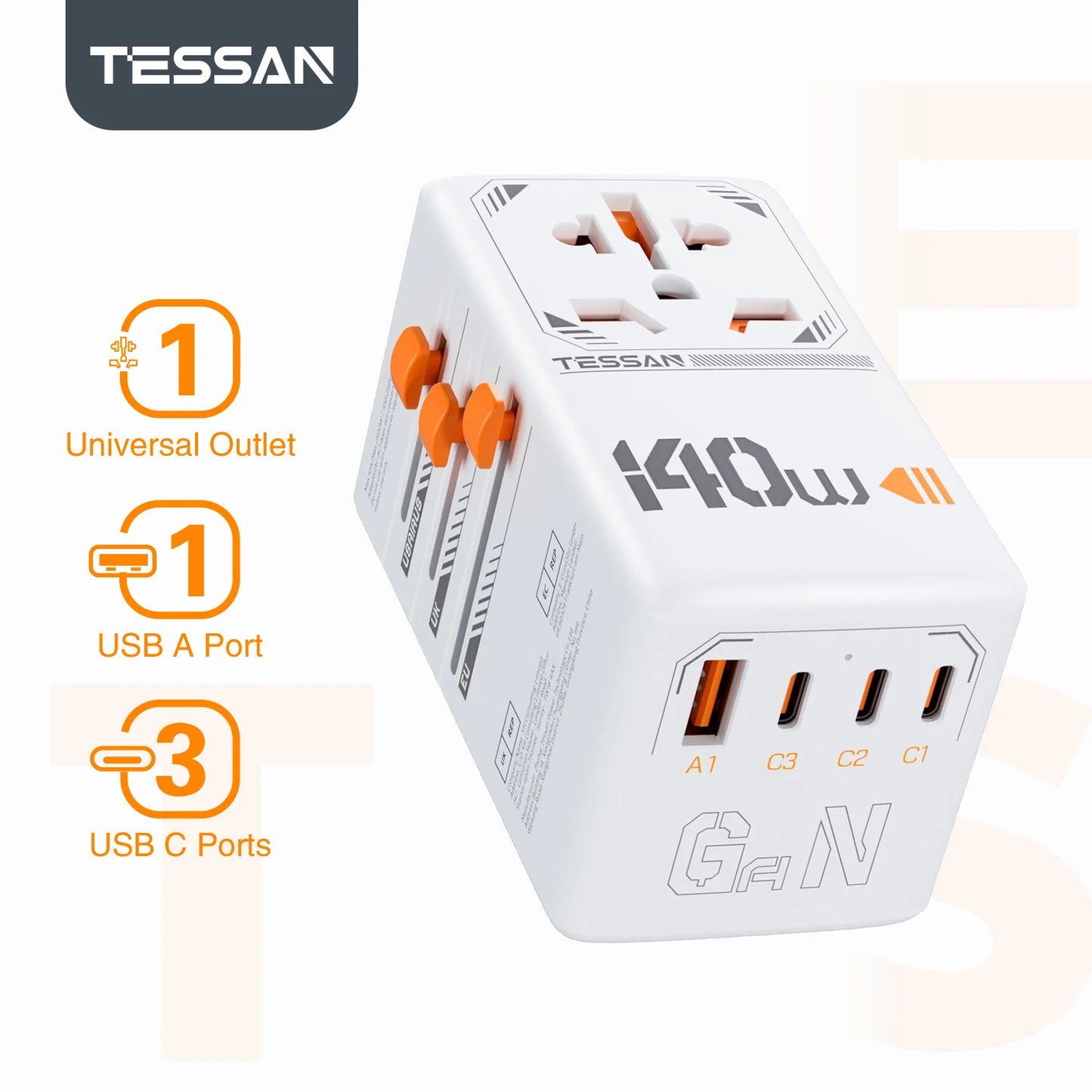 Adapter Podróżny TESSAN 140W GaN - Uniwersalny EU/UK/US/AUS + 4x USB