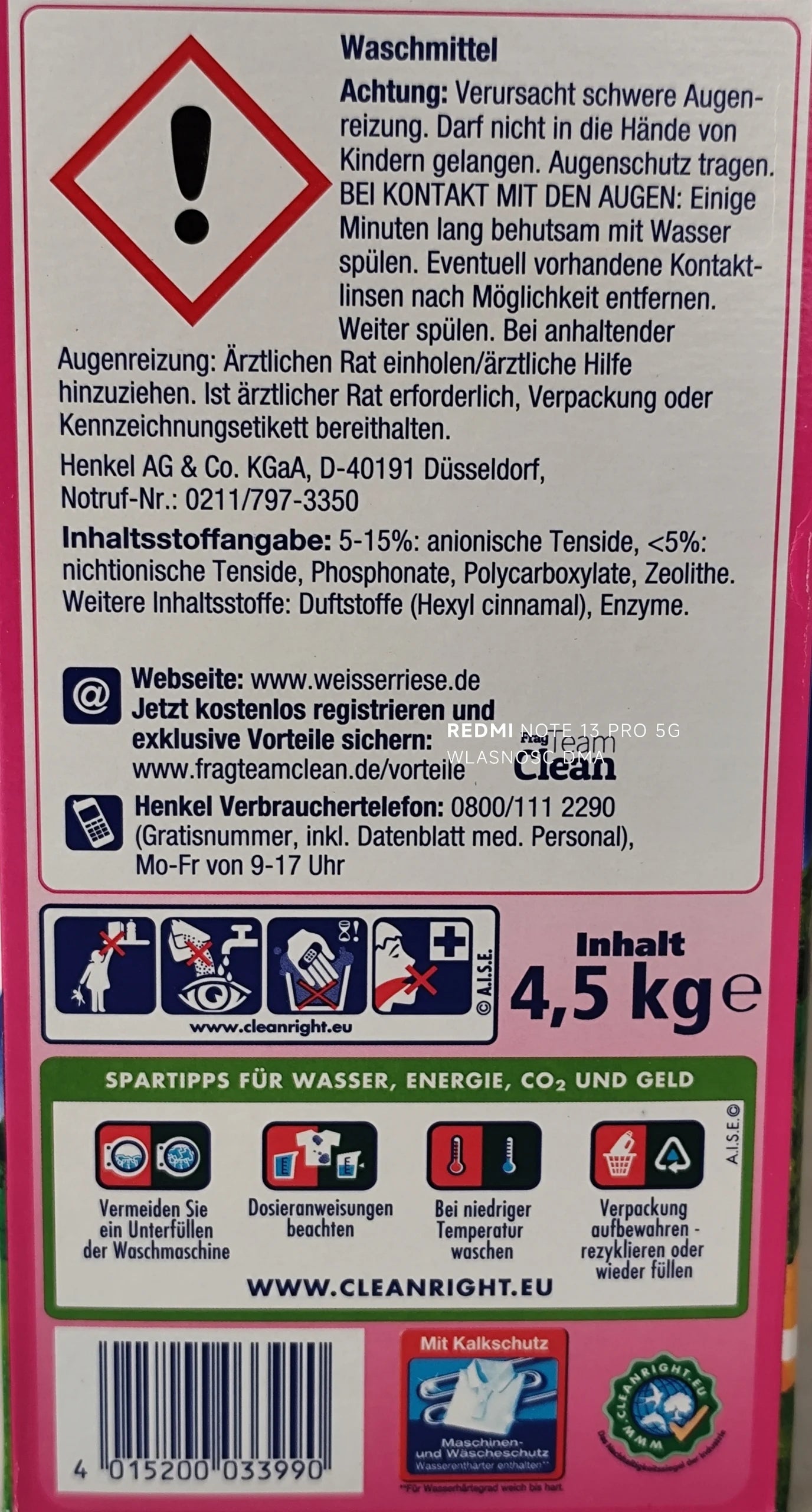 Weiser Riese Powder for Washing Colored Cloth Clothes 4.5 kg German