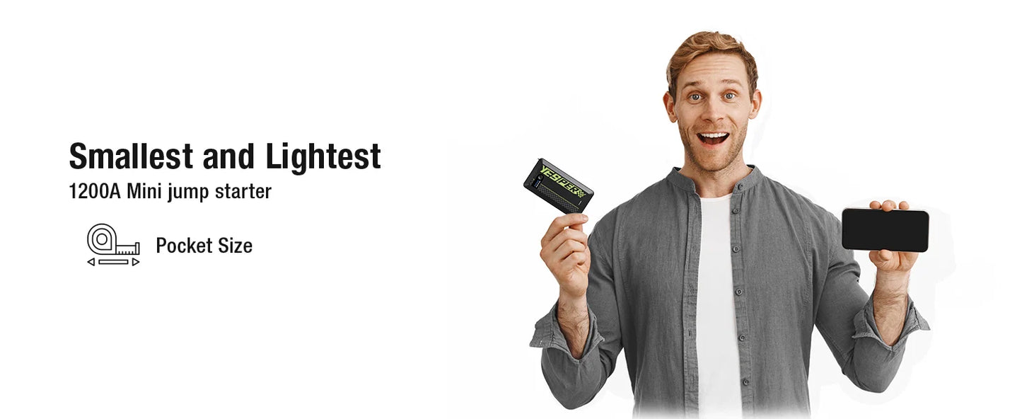 YESPER Rozrusznik Samochodowy 1200A - Mini Przenośny Booster do Uruchamiania Auta