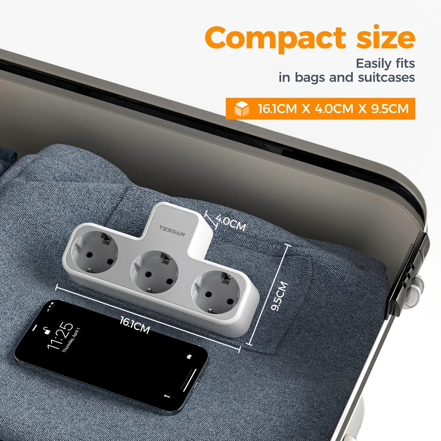 Listwa Zasilająca TESSAN 3 Gniazdka EU - Przedłużacz Ścienny z Ochroną Przeciążeniową