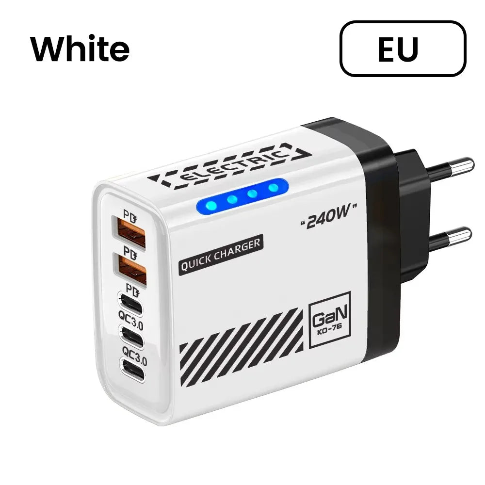 Ładowarka 240W GaN 5 Portów - 3PD 2USB LED QC3.0 dla iPhone 17 Pro Samsung Xiaomi