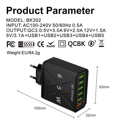 Ładowarka 65W 6 Portów USB QC3.0 - Podróżna iPhone 14 Samsung Xiaomi EU/US/UK