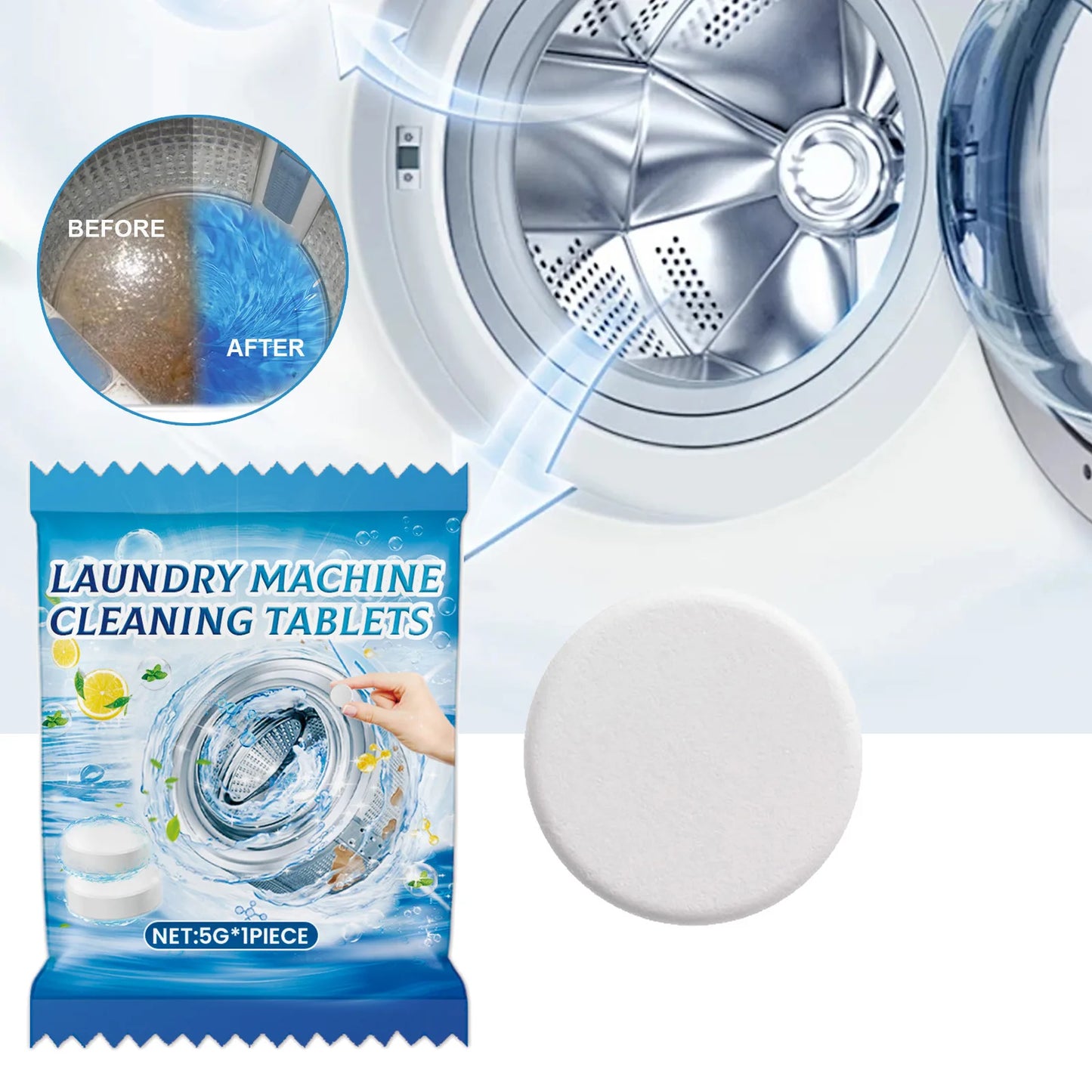 5g Washing Machine Cleaner Tablets, Effervescent Deep Cleaning & Deodorizing for Front/Top Load Washers, Removes Dirt & Odors