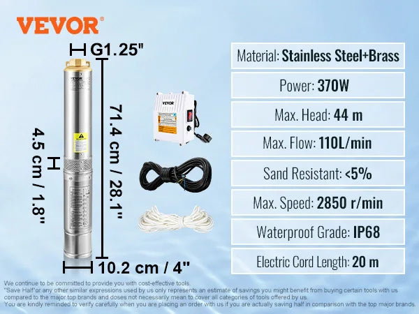 Pompa Głębinowa SucceBuy 370W/550W/750W/1100W - Stal Nierdzewna Deep Well Submersible