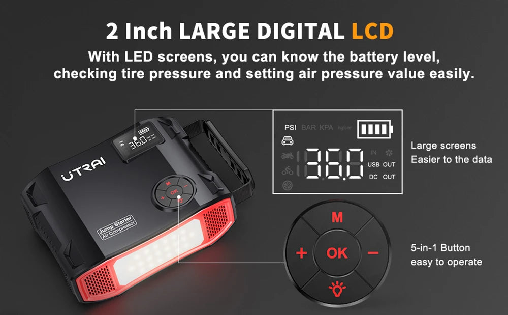Rozrusznik UTRAI 2000A 4w1 - Jump Starter + Kompresor 150PSI + Powerbank