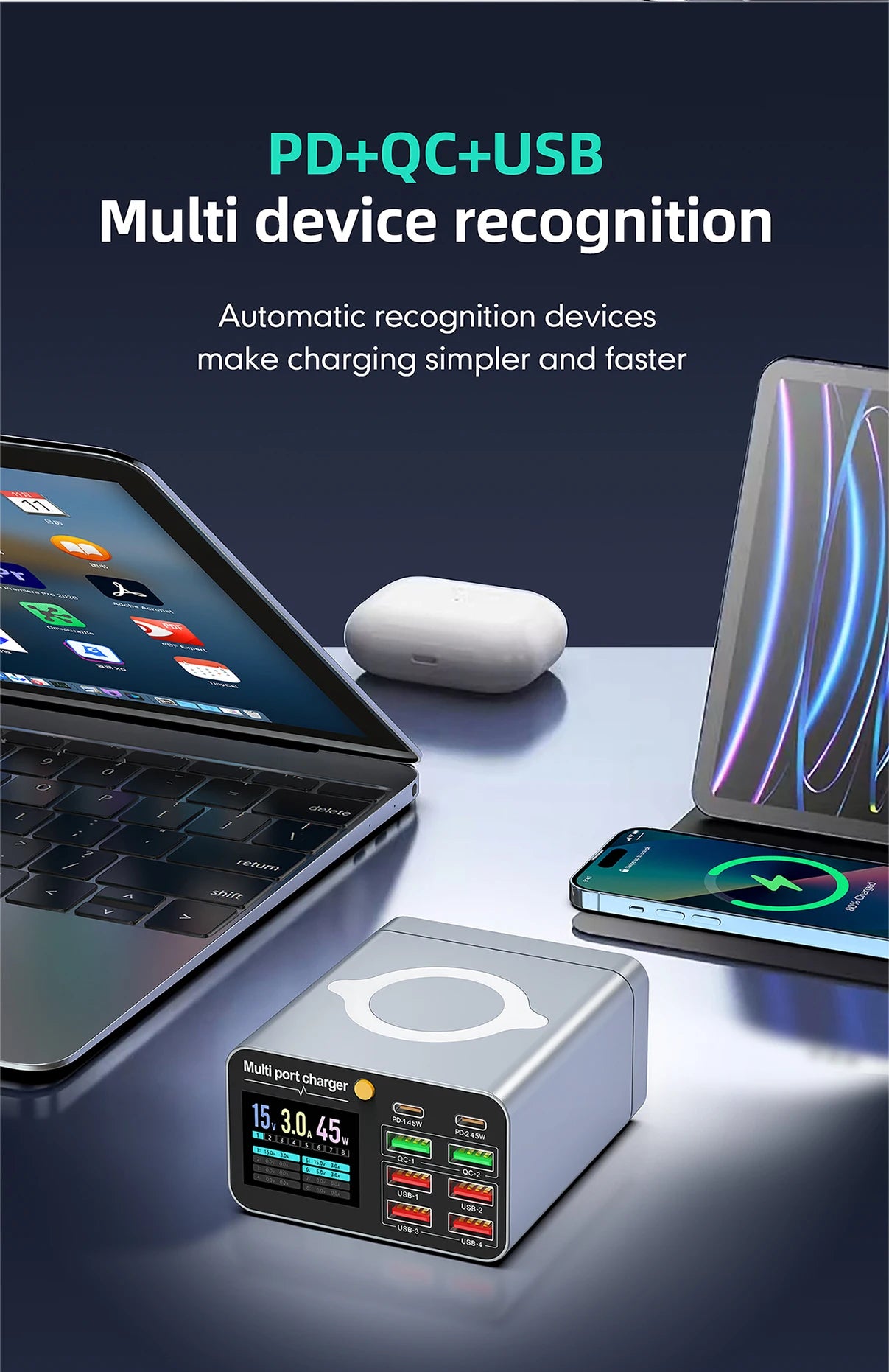 Ładowarka 80W/120W 8 Portów USB Type-C Wireless PD QC3.0 - Stacja Ładująca