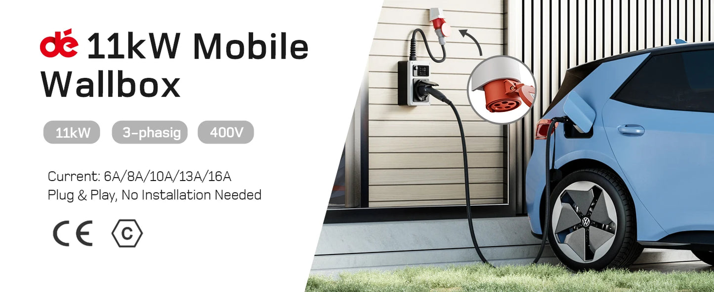 Wallbox Mobilny 11kW/22kW CEE Type 2 - Ładowarka EV 16A/32A 3-Fazy RFID WiFi