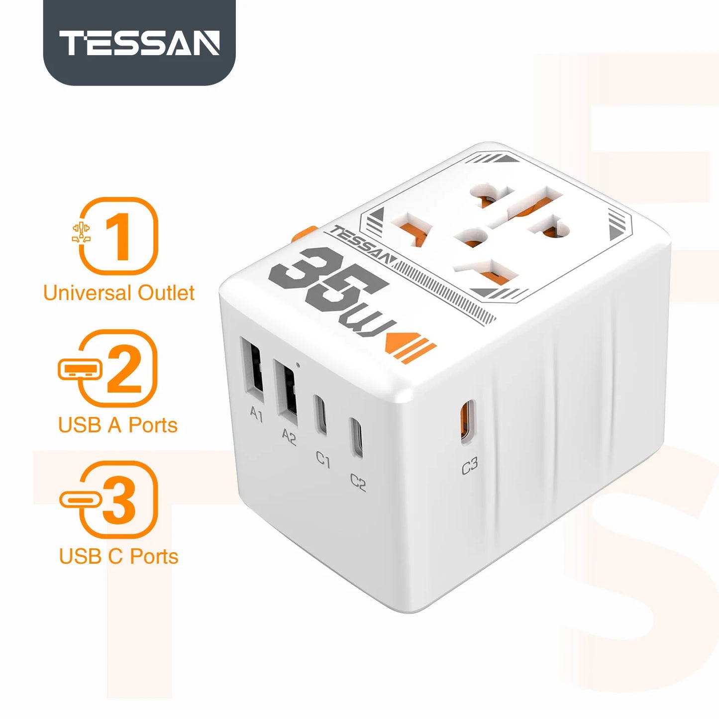 Adapter Podróżny TESSAN 140W GaN - Uniwersalny EU/UK/US/AUS + 4x USB