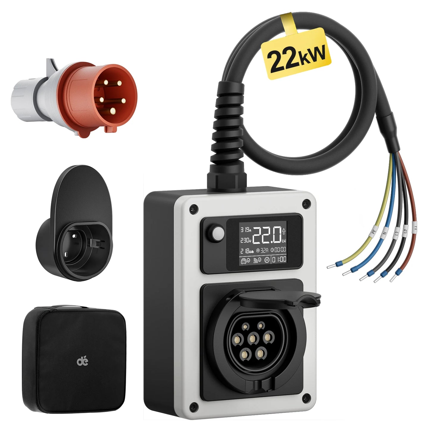 Wallbox Mobilny 11kW/22kW CEE Type 2 - Ładowarka EV 16A/32A 3-Fazy RFID WiFi