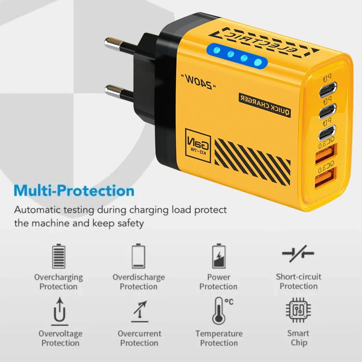 Ładowarka 240W GaN 5 Portów - 3PD 2USB LED QC3.0 dla iPhone 17 Pro Samsung Xiaomi