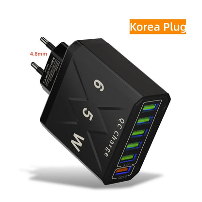 Ładowarka Sieciowa 65W 6 Portów USB - Stacja Ładowania QC3.0