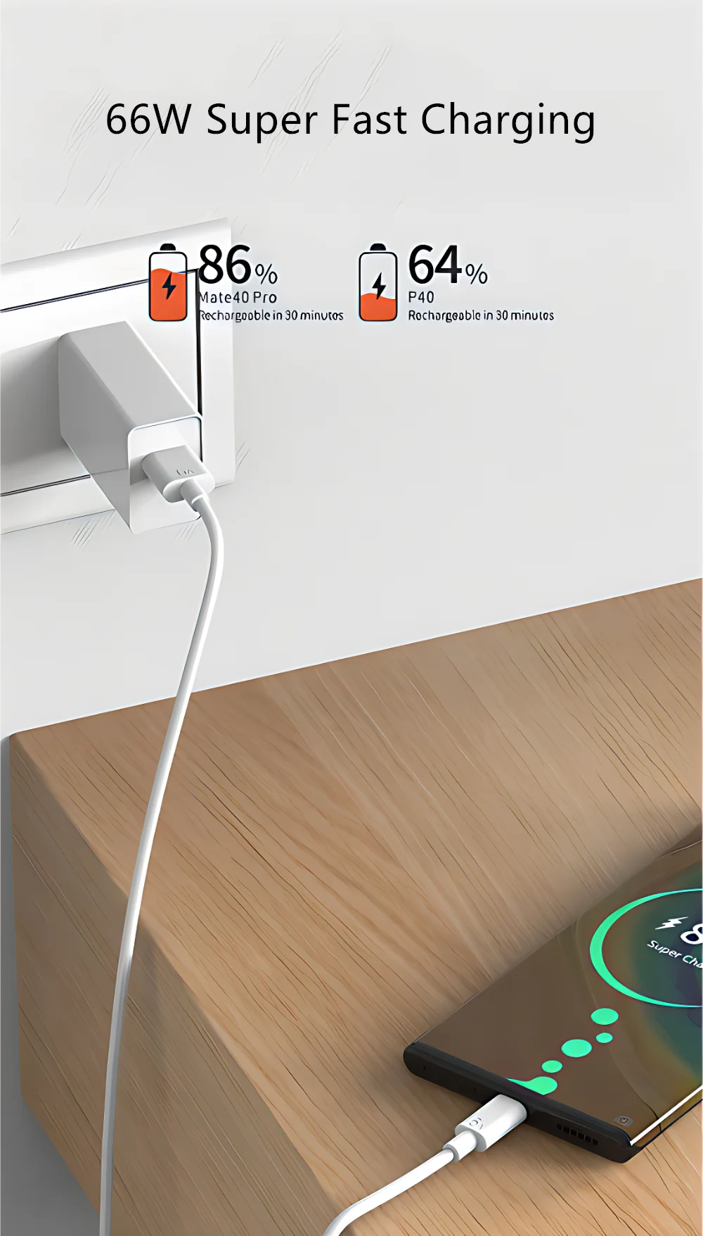 Ładowarka Huawei 66W Super Fast Charger - Type C Kabel 6A dla Mate 40 50 60 P50 P60 Nova Honor