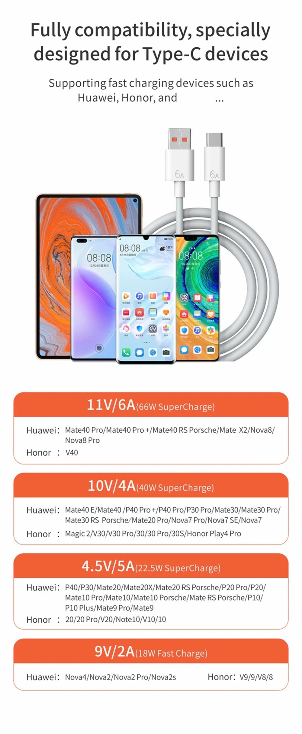 Ładowarka Huawei 66W Super Fast Charger - Type C Kabel 6A dla Mate 40 50 60 P50 P60 Nova Honor