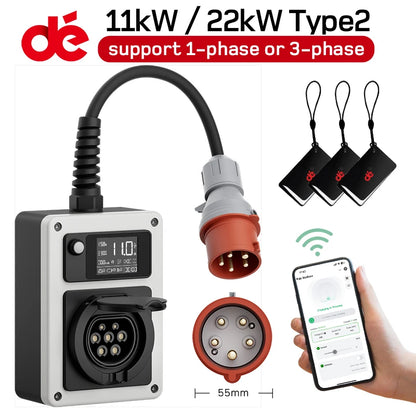 Wallbox Mobilny 11kW/22kW CEE Type 2 - Ładowarka EV 16A/32A 3-Fazy RFID WiFi