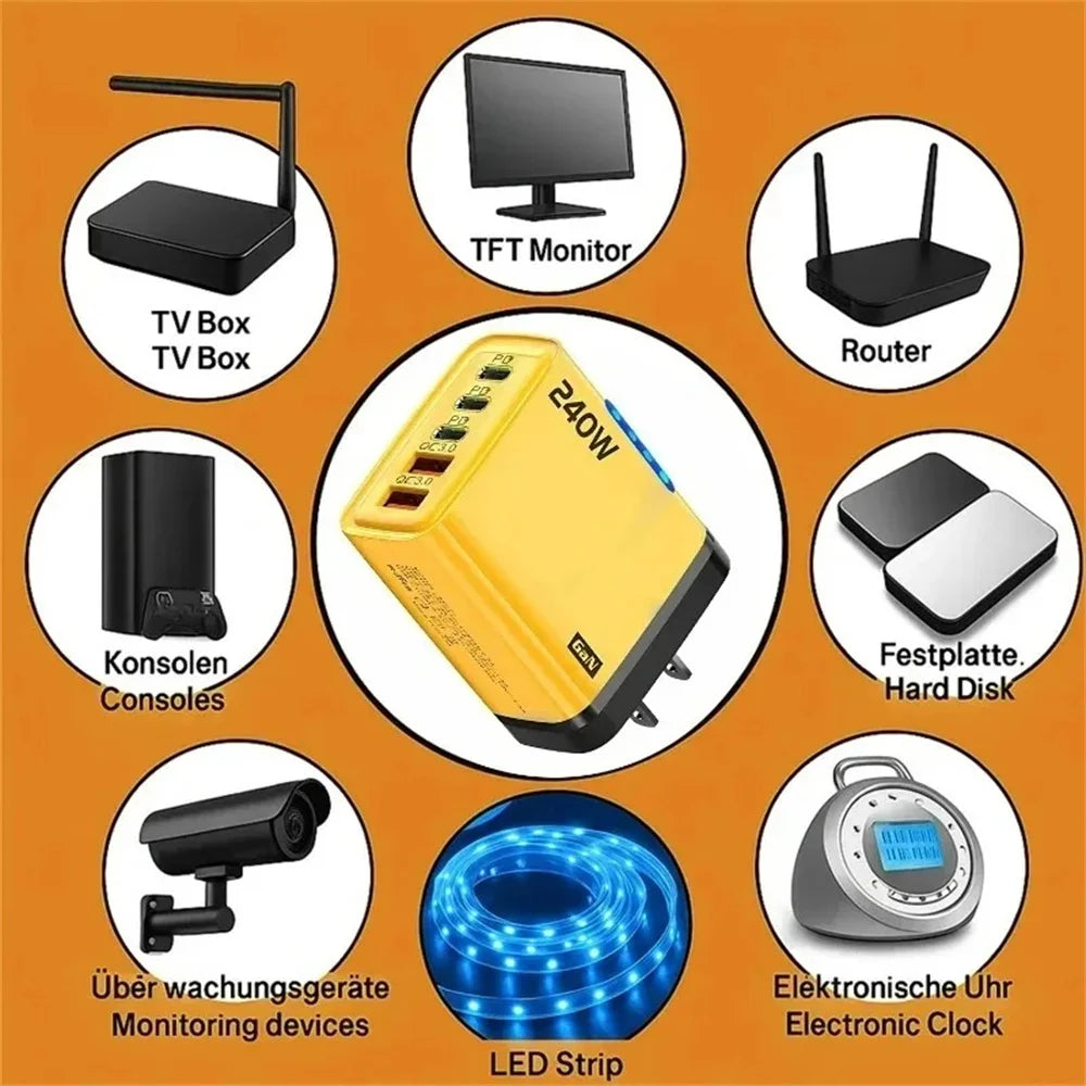 Ładowarka 240W 5 Portów USB Type C - LED QC3.0 PD Fast Charger EU/US dla iPhone Samsung