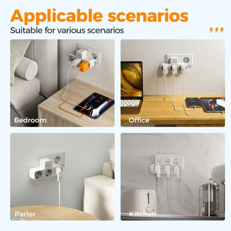 Listwa Zasilająca TESSAN 3 Gniazdka EU - Przedłużacz Ścienny z Ochroną Przeciążeniową