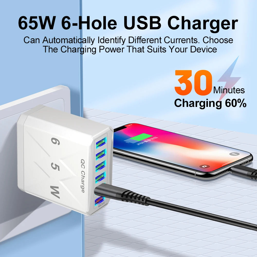 Ładowarka 65W 6 Portów USB QC3.0 - Podróżna iPhone 14 Samsung Xiaomi EU/US/UK
