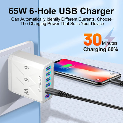 Ładowarka 65W 6 Portów USB QC3.0 - Podróżna iPhone 14 Samsung Xiaomi EU/US/UK