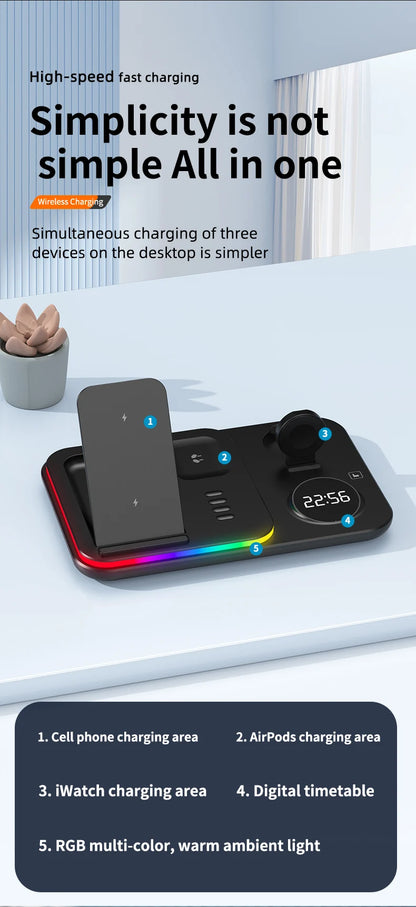Ładowarka Bezprzewodowa 5w1 RGB - iPhone 17/16/15 Samsung Apple Watch