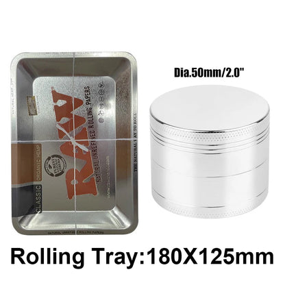 Grinder ze Stopu Cynku 40/50mm z Metalową Tacką Rolling Tray - Zestaw