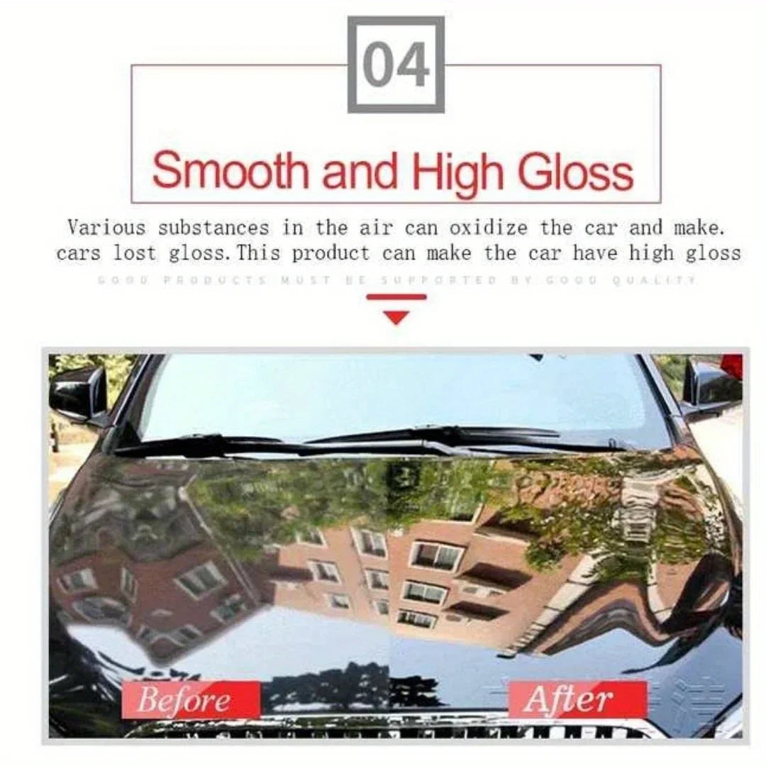 Car hood before and after gloss polish, showing improved smoothness and reflection; QualitetMarket premium auto care.