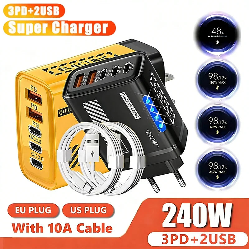 Ładowarka 240W GaN 5 Portów - 3PD 2USB LED QC3.0 dla iPhone 17 Pro Samsung Xiaomi