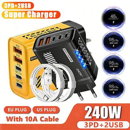 Ładowarka 240W GaN 5 Portów - 3PD 2USB LED QC3.0 dla iPhone 17 Pro Samsung Xiaomi
