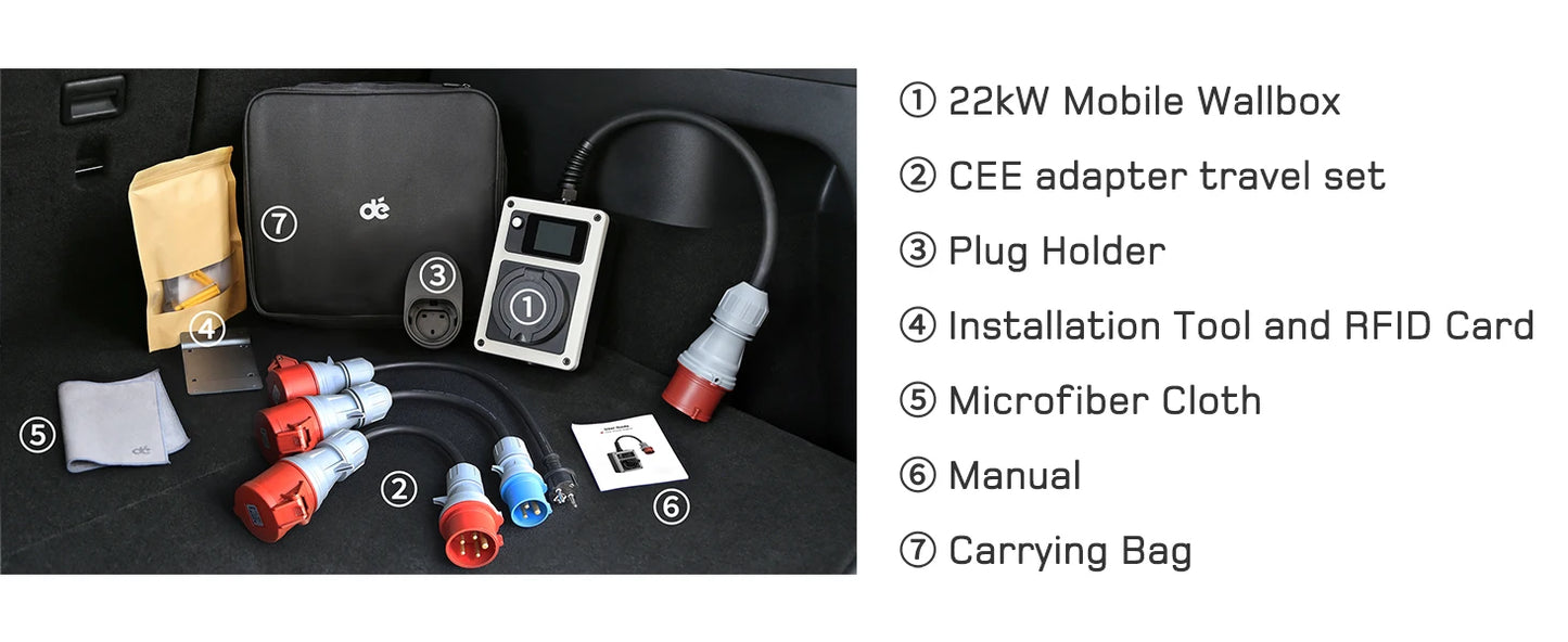 Wallbox Mobilny 11kW/22kW CEE Type 2 - Ładowarka EV 16A/32A 3-Fazy RFID WiFi