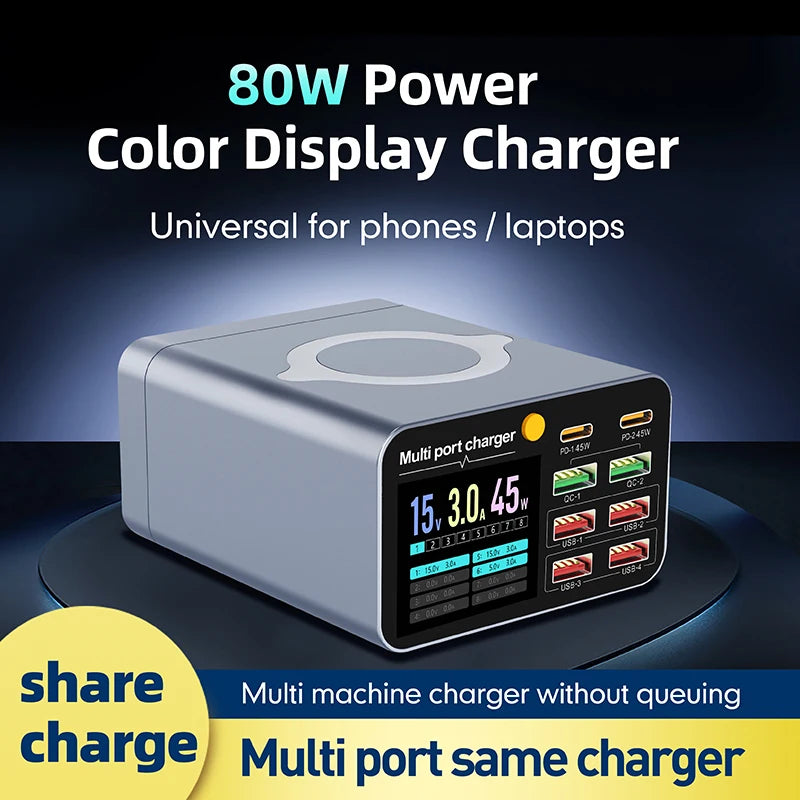 Ładowarka 80W/120W 8 Portów USB Type-C Wireless PD QC3.0 - Stacja Ładująca