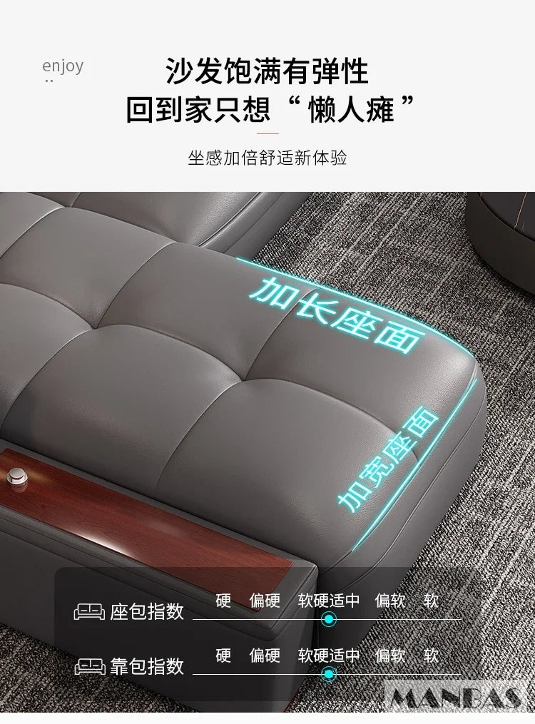 Sofa Narożna MANBAS ze Skóry Włoskiej - USB Bluetooth LED Schowek