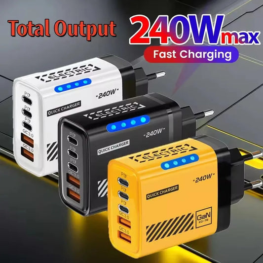 Ładowarka 240W GaN 5 Portów - 3PD 2USB LED QC3.0 dla iPhone 17 Pro Samsung Xiaomi
