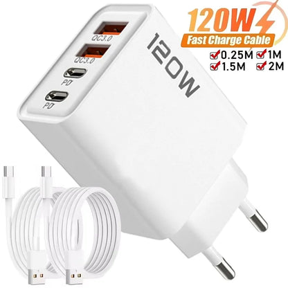 Ładowarka 120W 4 Porty USB Type-C - Szybka z Kablem Samsung iPhone Xiaomi Huawei