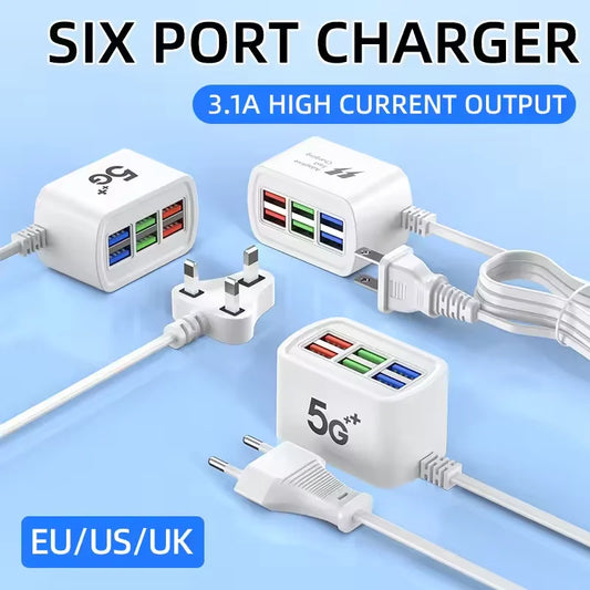 Ładowarka Multiport 6 Portów USB Type C - Szybka Podróżna dla iPhone Xiaomi OPPO Samsung