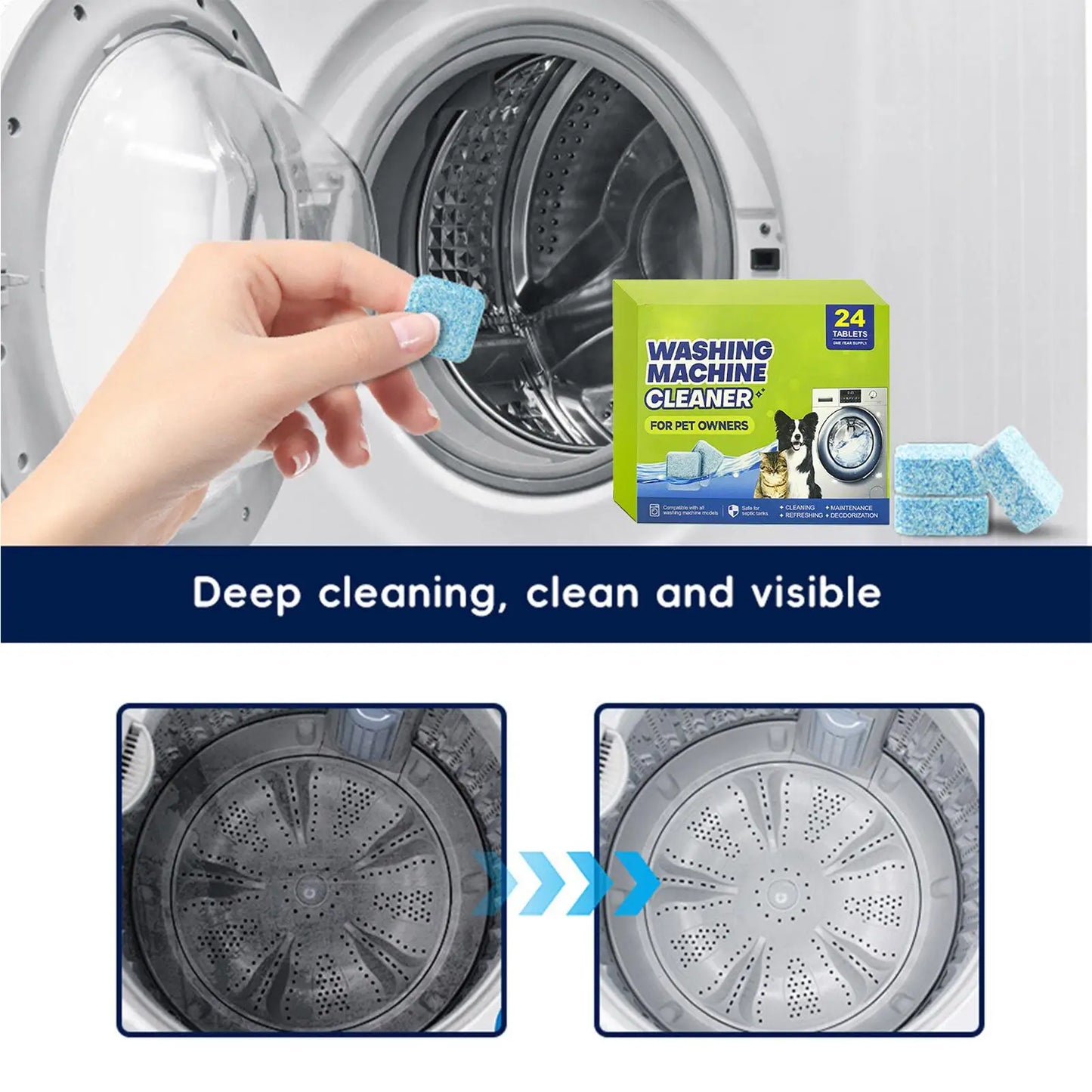 Washing Machine Cleaner Tablets 24 Tablets Odor Eliminator Top Loader Washer Descaler For Laundry Top Front Loader Washing