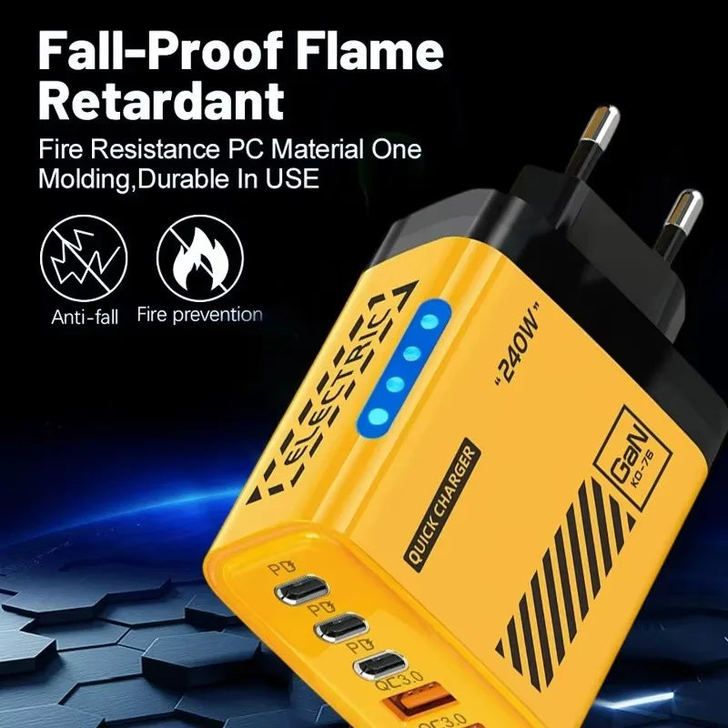 Ładowarka 240W GaN 5 Portów - 3PD 2USB LED QC3.0 dla iPhone 17 Pro Samsung Xiaomi