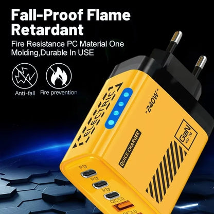 Ładowarka 240W GaN 5 Portów - 3PD 2USB LED QC3.0 dla iPhone 17 Pro Samsung Xiaomi
