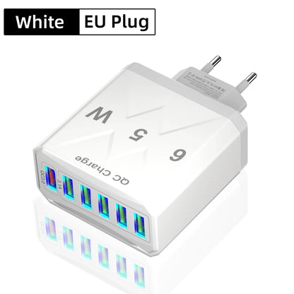 Ładowarka 65W 6 Portów USB QC3.0 - Podróżna iPhone 14 Samsung Xiaomi EU/US/UK