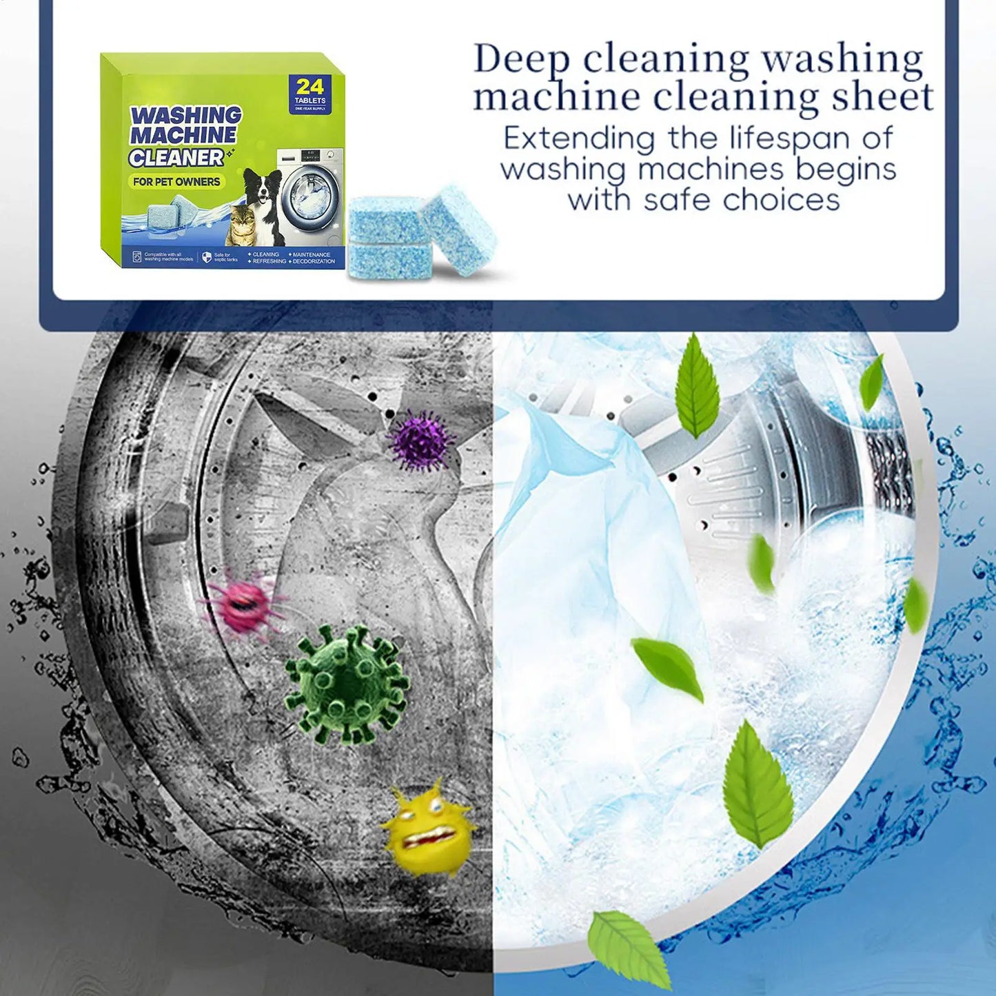 Washing Machine Cleaner Tablets 24 Tablets Odor Eliminator Top Loader Washer Descaler For Laundry Top Front Loader Washing