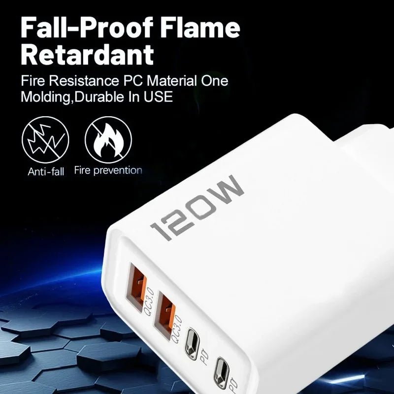 Ładowarka 120W 4 Porty USB Type-C - Szybka z Kablem Samsung iPhone Xiaomi Huawei