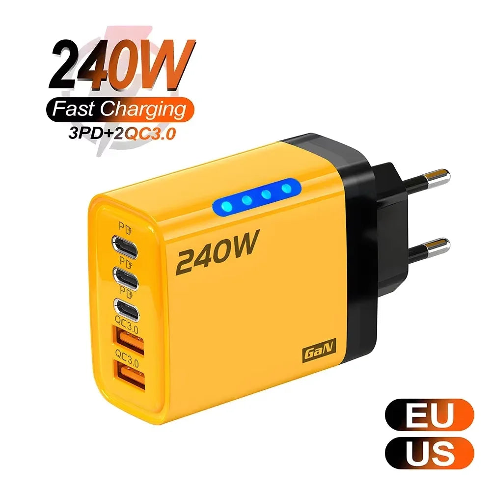 Ładowarka 240W 5 Portów USB Type C - LED QC3.0 PD Fast Charger EU/US dla iPhone Samsung
