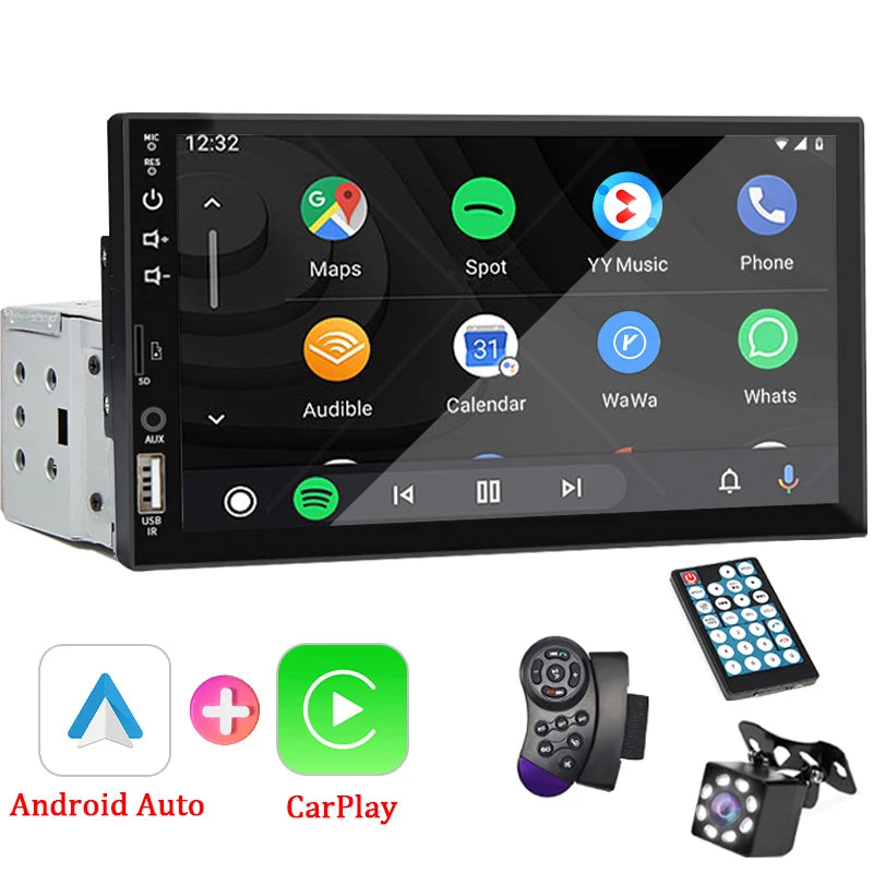 Radio 7 Carplay Android Auto - 1 Din Multimedia Player HD Touch Screen FM Bluetooth MirrorLink - QualitetMarket