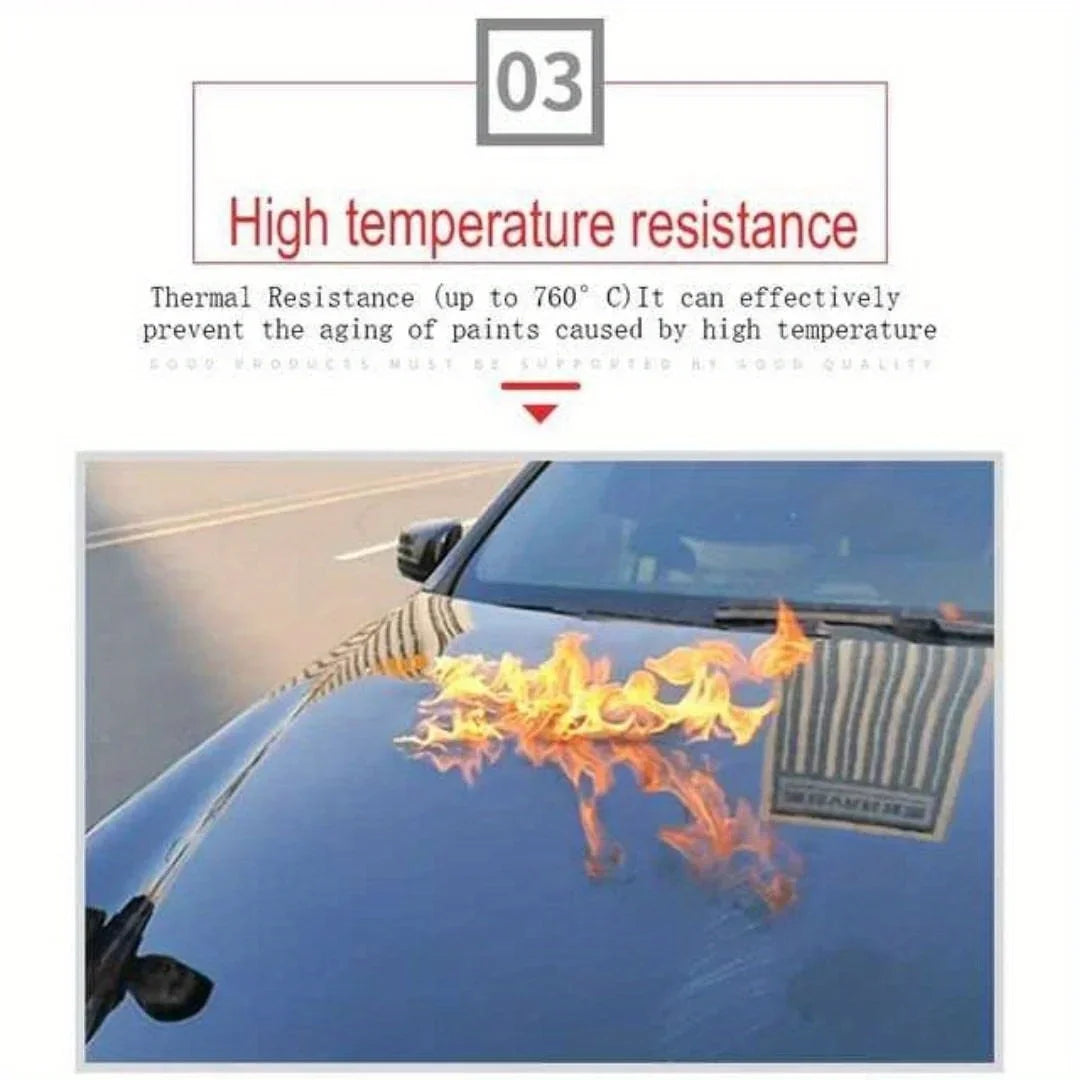 Car hood with visible flames, showcasing high temperature resistance coating, QualitetMarket electronics.