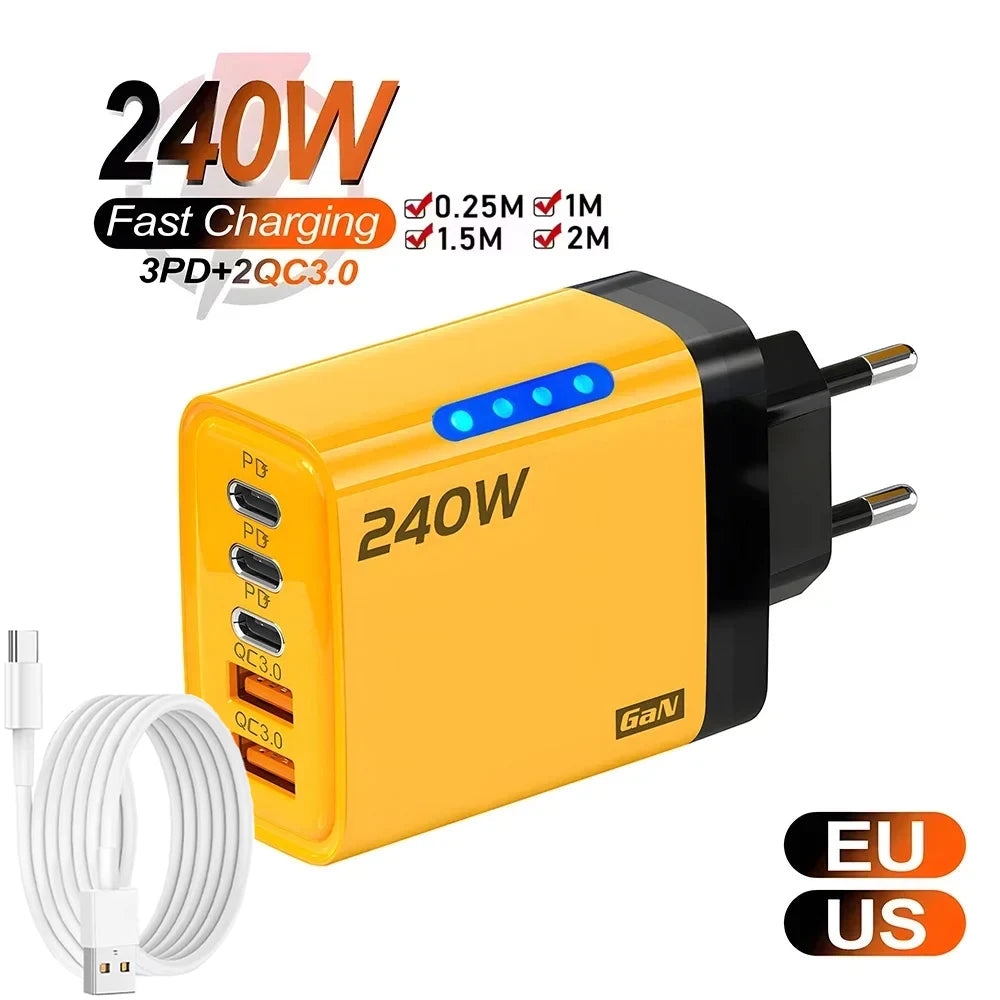 Ładowarka 240W GaN 5w1 USB-C - 3PD 2USB QC3.0 Kabel 10A iPhone 16 Samsung