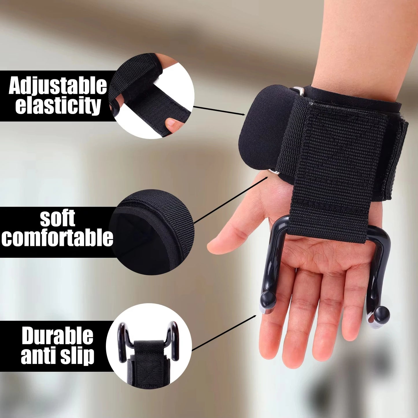 1PairWeight Lifting Hook Grips With Wrist Wraps Hand-Bar Wrist Strap Gym Fitness Hook Weight Strap Pull-Ups Power Lifting Gloves